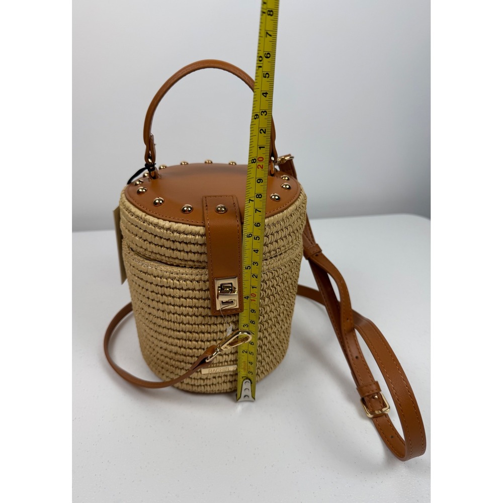 Rachel Zoe Straw Bucket Bag Tan Faux Leather Studded Crossbody Handbag NEW - Picture 8 of 11